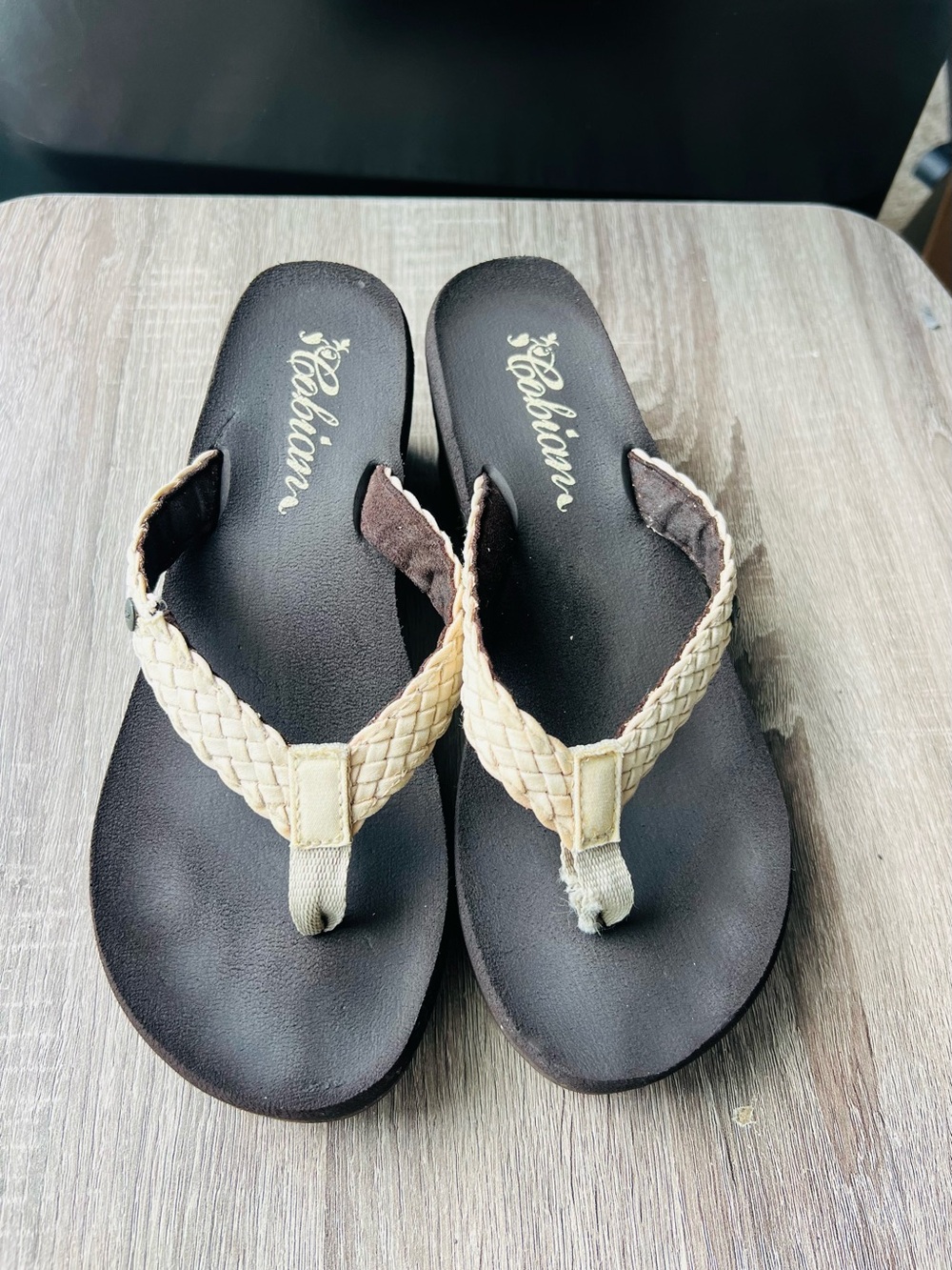 Cobian Beige Woven-strap Flip Flop Sandals with Dark Brown Footbed